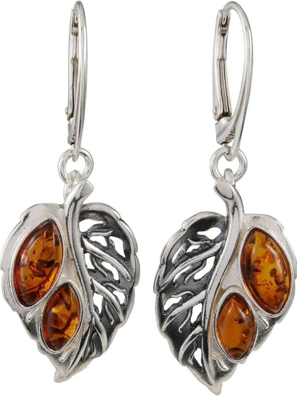 Honey Amber Leaf Earrings - Baltic Amber French Leverback - Sterling Silver